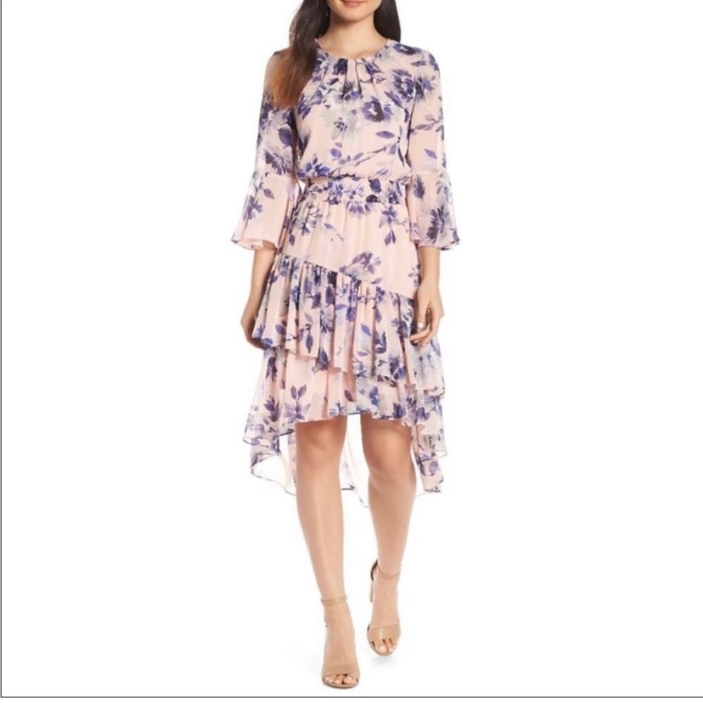 Eliza J Tiered Ruffle Chiffon Dress in Blush Sz 6